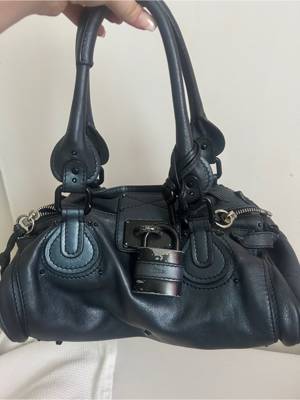 RARE Metallic Navy Blue Leather Chloe Paddington Leather Satchel